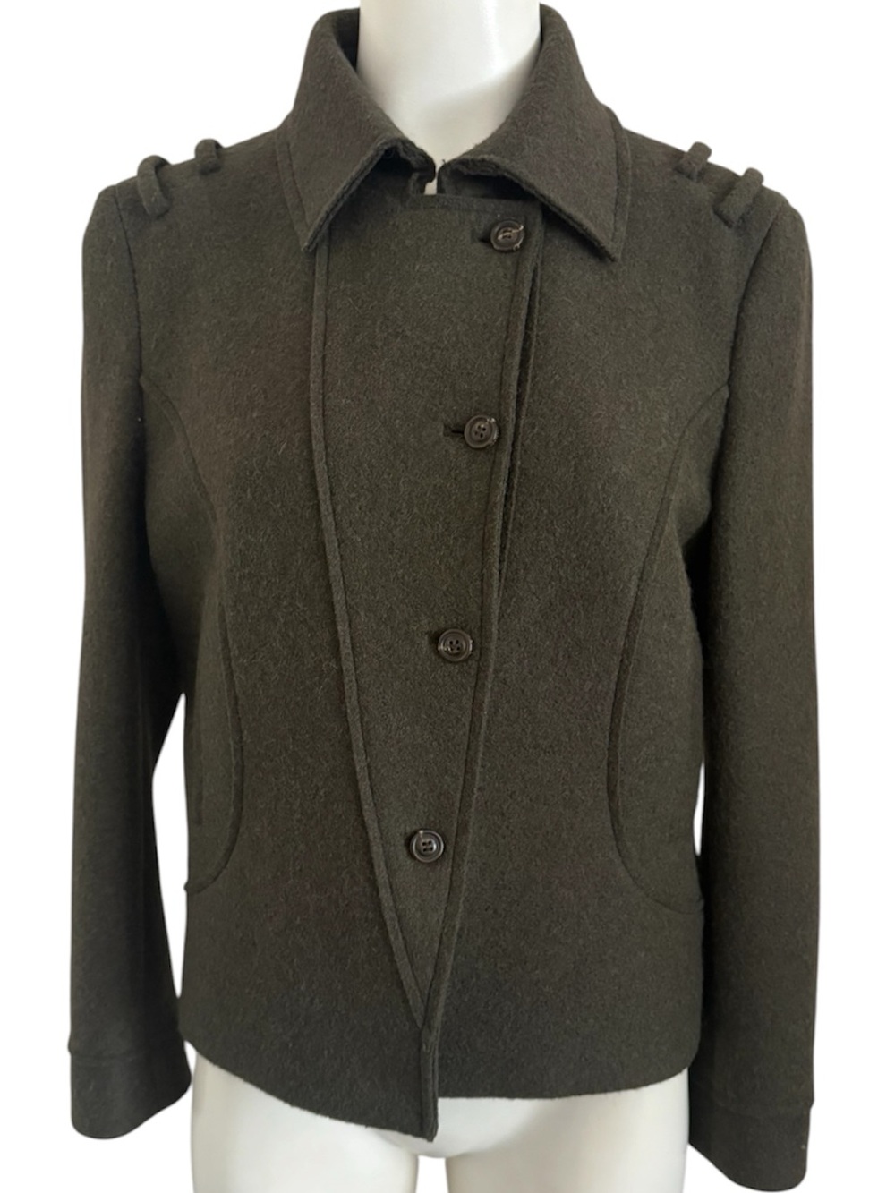 Cole Haan Olive Alpaca and Wool Short Military Coat Sz 10